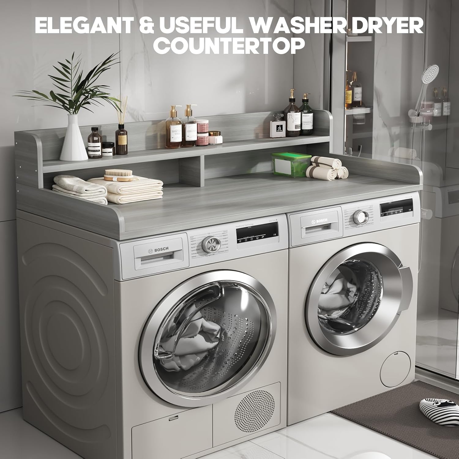 2-Tier Washer and Dryer Countertop with 2.75" H Guard,58" W x 28" D Laundry Countertop Cover with Non-Slip Pad,Large Space Laundry Topper for Folding Clothes Over Washer and Dryer-Stripe Gray