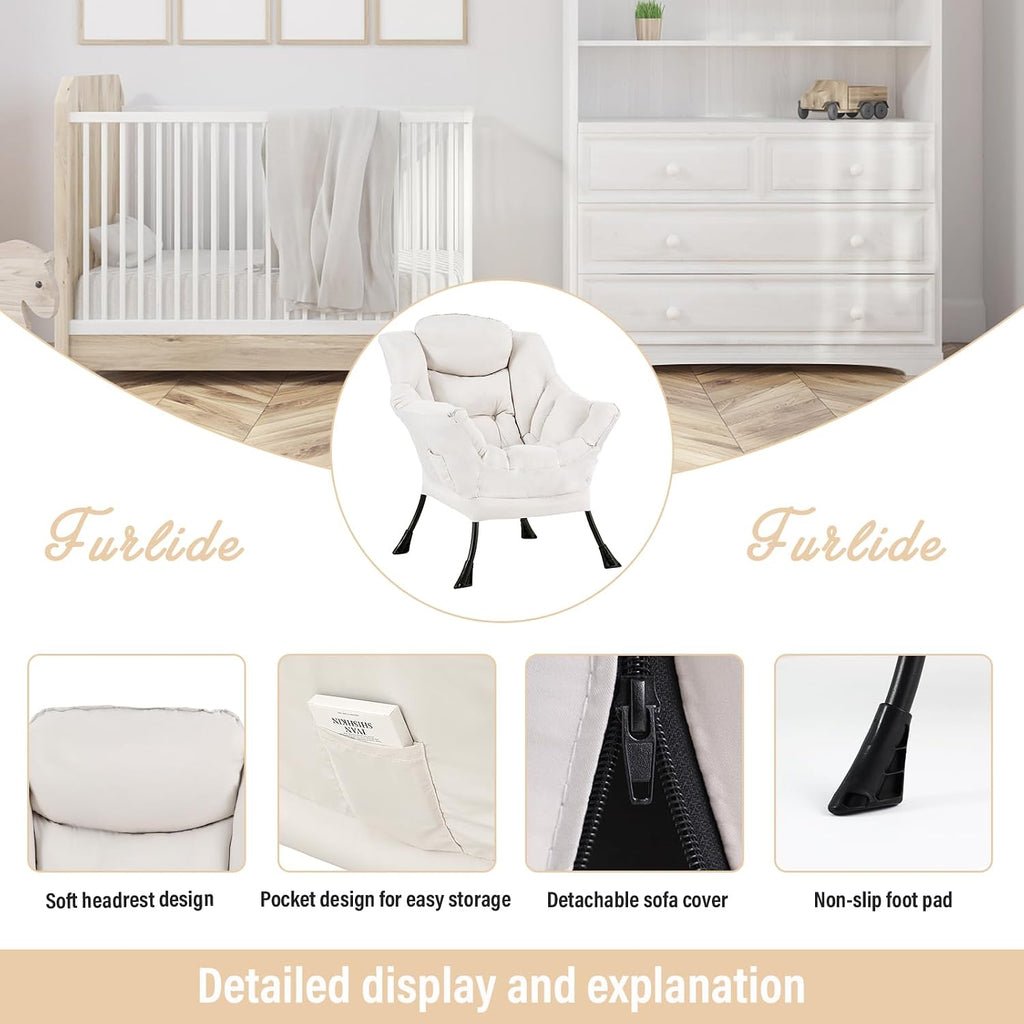 Furlide Lazy Chair with Ottoman, Soft Comfy Chair for Bedroom, Beige | Accent Lounge Chair with folding Foot Stool, Removable Washable Cover and Side Pocket for Reading, Relaxing in Living Room