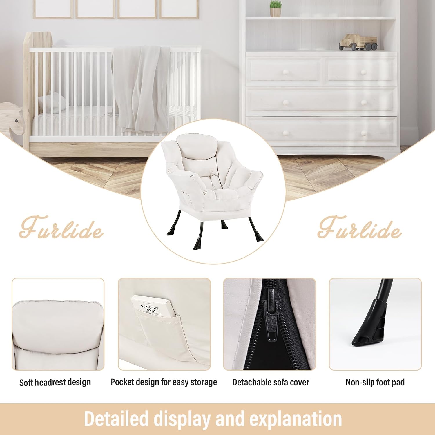 Furlide Lazy Chair with Ottoman, Soft Comfy Chair for Bedroom, Beige | Accent Lounge Chair with folding Foot Stool, Removable Washable Cover and Side Pocket for Reading, Relaxing in Living Room