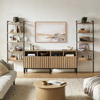 mopio Norwin 4 Piece Entertainment Center with Storage, 70" TV Stand, Industrial Modern Television Accent Cabinet, Oak Wood Media Console Table with 5-Tier Shelf Bookcase (5-Tier Cabinet Set)