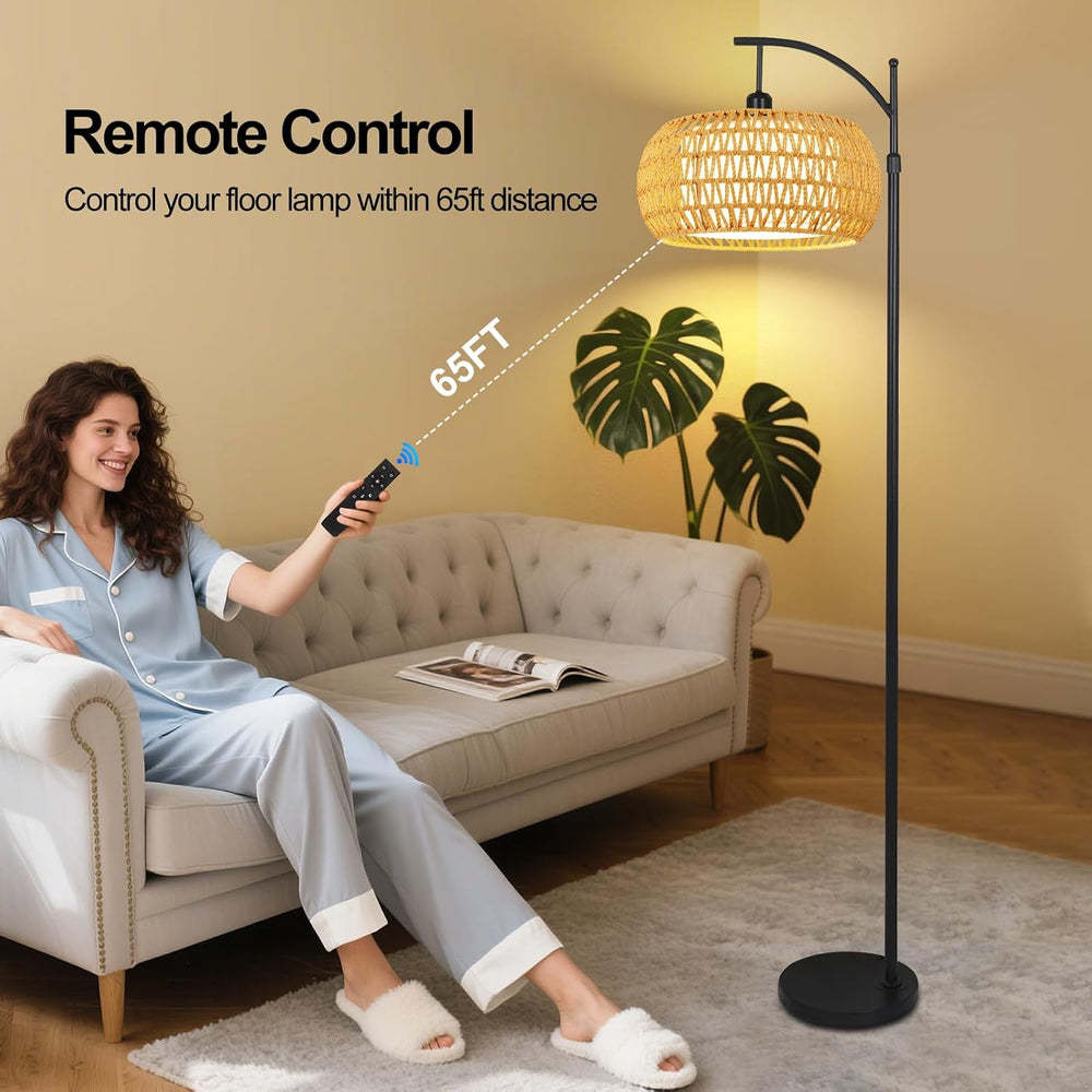 Arc Floor Lamps for Living Room Rattan Boho Floor Lamp with Remote Control,Di...