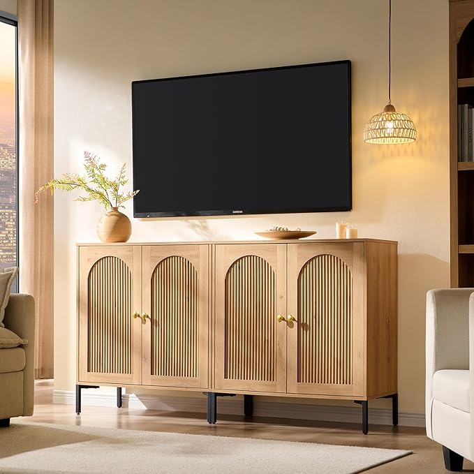 Modern TV Stands for 75 Inch TVs, 61.75‬"W Wood Entertainment Center w/Adjustable Shelves, Mid Century Modern TV Stand w/Arched Fluted Doors, Media Console Cabinet for Living Room, Natural