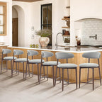 Upholstered Counter Height Bar Stools Set of 6, Kitchen Island Stools with Back, Modern Counter Barstools Bar Chairs with Wood Legs, Light Grey