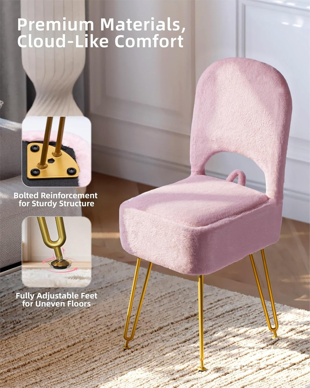 Pink Vanity Chair with Storage and Back for Teens - Faux Fur Makeup Vanity St...