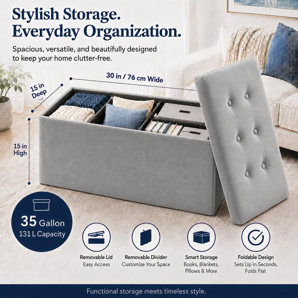 ALASDO 30 Inch Folding Storage Ottoman Bench with Hidden Storage, Velvet Stor...