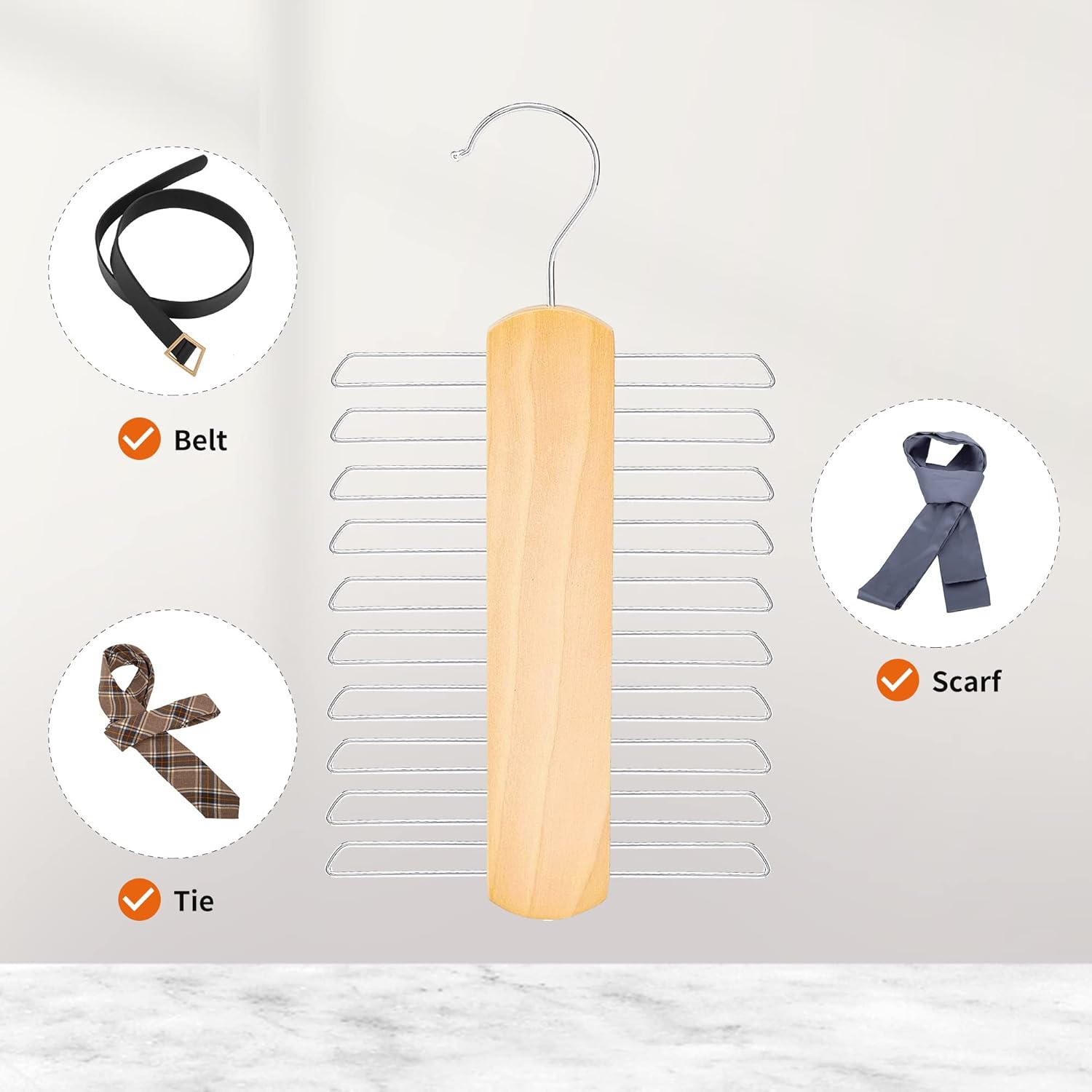 Amazon Basics 20 Bar Wooden Tie Hanger & Belt Rack, Closet Organizer, Natural, 2-Pack