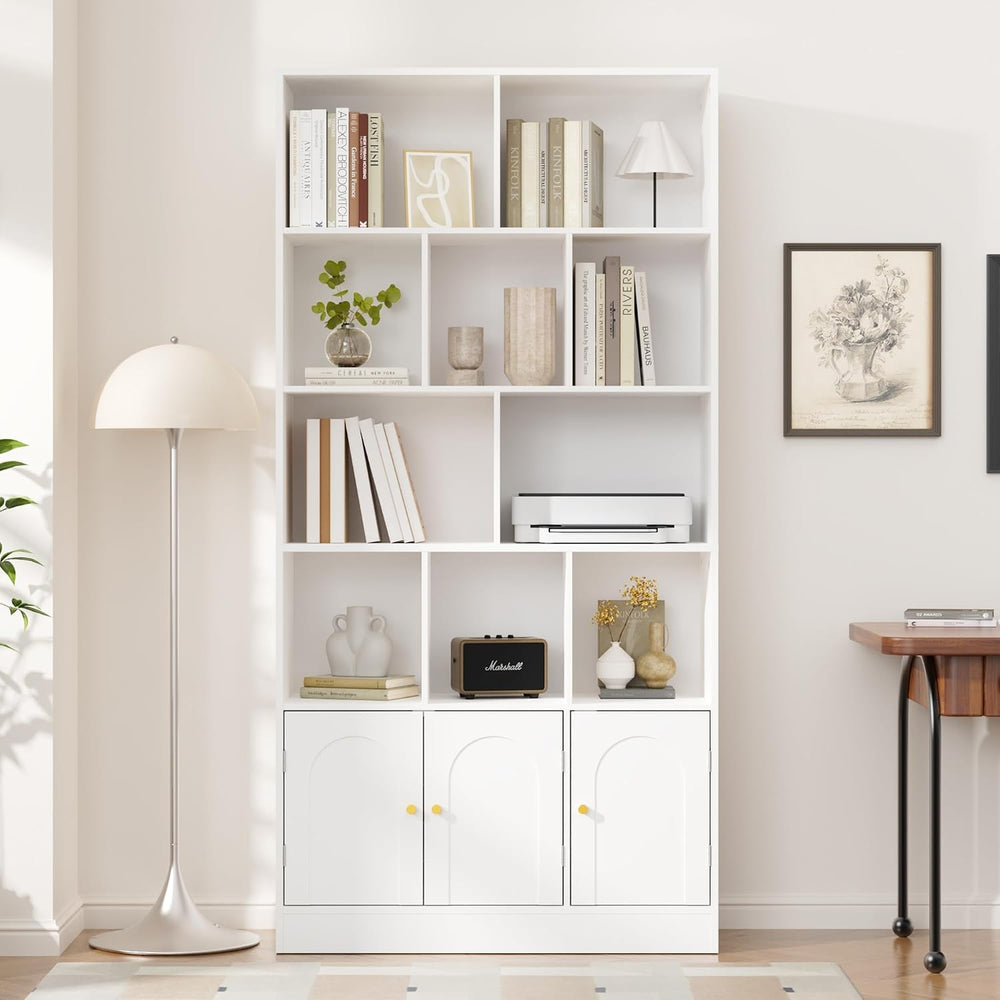 Housoul 71" Tall Bookshelf, Bookcase with 10 Cubes and 3 Doors, White
