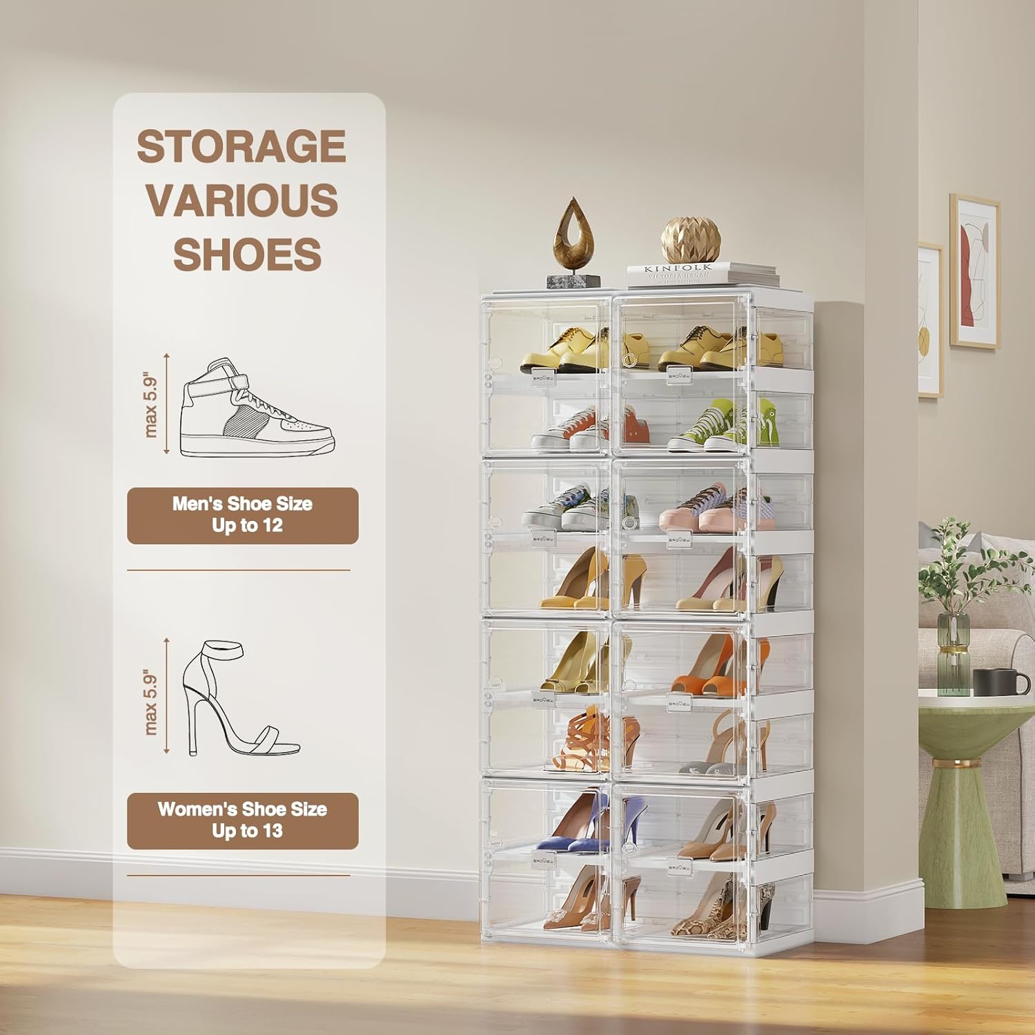 BROVIEW Foldable Shoe Rack, Large Stackable Sneaker Organizer Storage Box with Magnetic Clear Door, Plastic Folding Shoes Cabinet Bins, Shoe Shelf Space Saving for Closet, Entryway 8 Tier 16 Grids