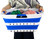 SAMMART 42L (11 gallon) Collapsible Plastic Laundry Basket - Foldable Pop Up Storage Container/Organizer - Space Saving Hamper/Basket (1, White/Dark Blue)