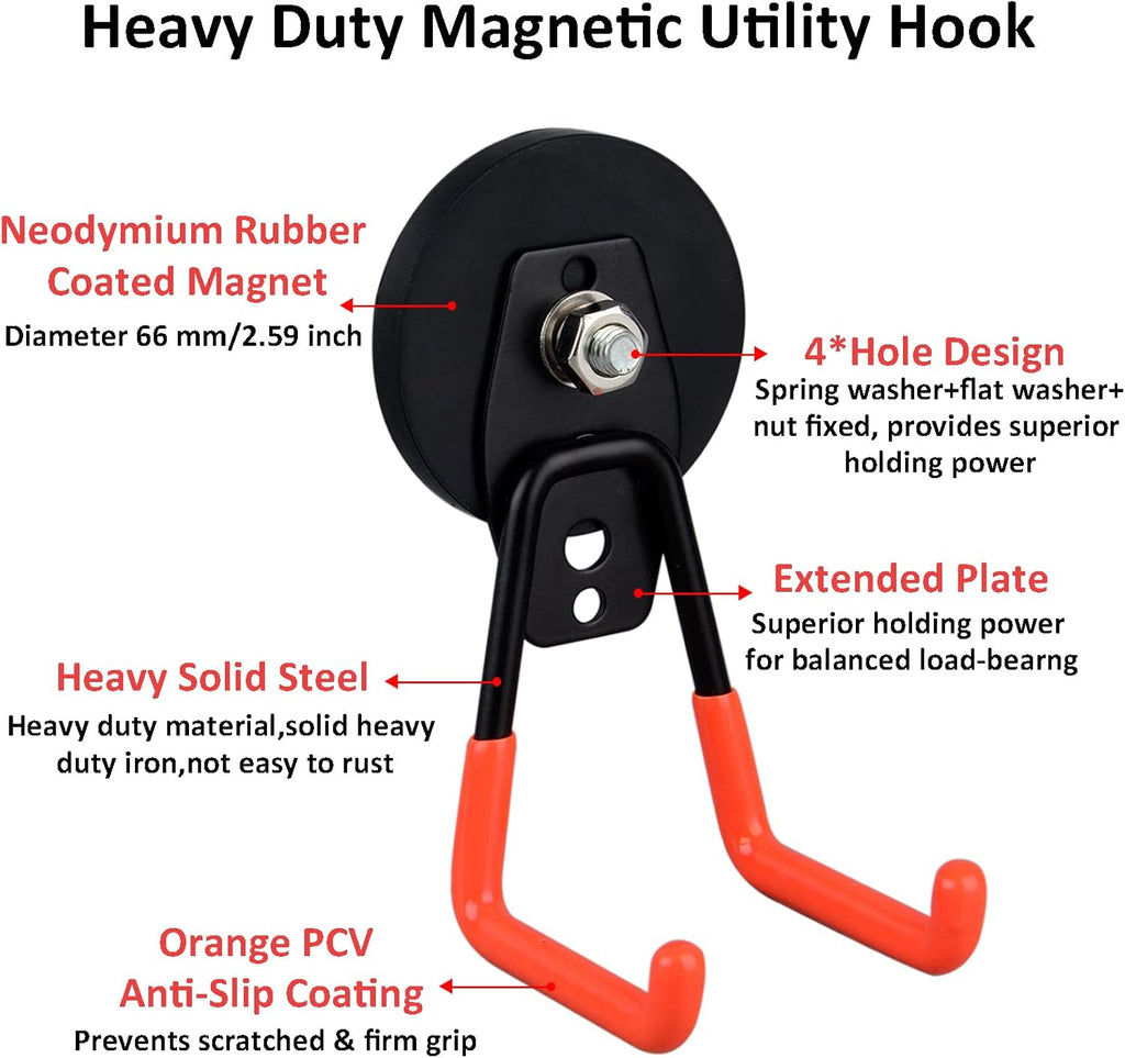 ULIBERMAGNET Heavy Duty Magnetic Garage Hooks,Strong Large Magnet Hooks for Power Drill,Garden Tools,Hose,Pegboard,Garage, Workshop,2 Pack Magnetic Storage Holder for Indoor Outdoor Hanging(Orange)