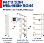WORKPRO 5-Tier Folding Shelf, No-Assembly Metal Storage Rack with Wheels, 750 lbs Capacity (with Leveling Feet), Collapsible Shelving Unit for Kitchen, Pantry, Closet & Craft Shows - White