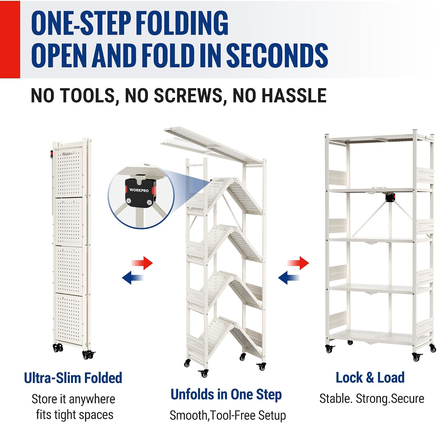 WORKPRO 5-Tier Folding Shelf, No-Assembly Metal Storage Rack with Wheels, 750 lbs Capacity (with Leveling Feet), Collapsible Shelving Unit for Kitchen, Pantry, Closet & Craft Shows - White