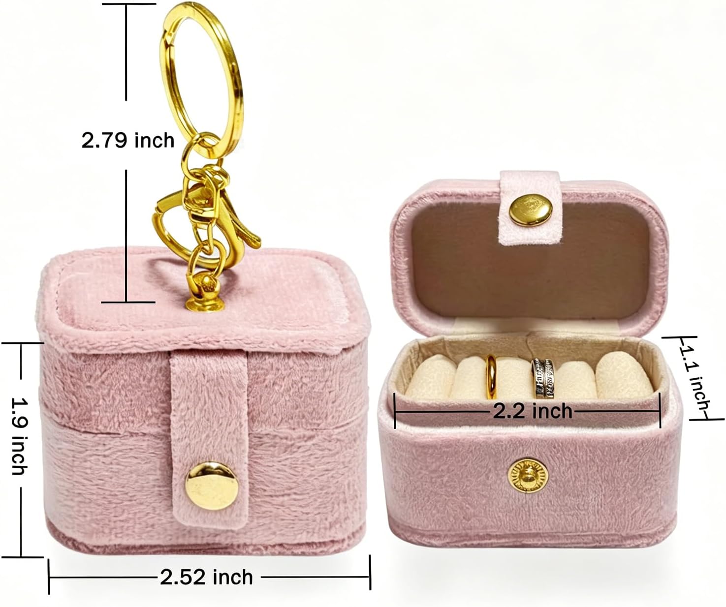 Mini Velvet Ring Box with Keychain Clip, Travel Jewelry Organizer Ring Earrings Storage Box for Proposal Engagement Wedding Ceremony Party, Pet Ring Bearer Accessory, Pink