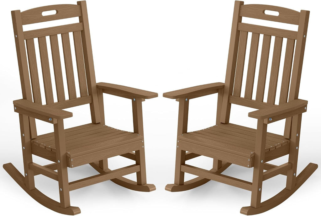 YEFU Outdoor Rocking Chairs Set of 2, HIPS Rocking Chair, Teak | Weather Resistant,Porch Rocker for Adult, Poly Patio Rocker, Like Real Wood, Durable&Sturdy,Easy Assembly, Heavy Duty 350 lbs