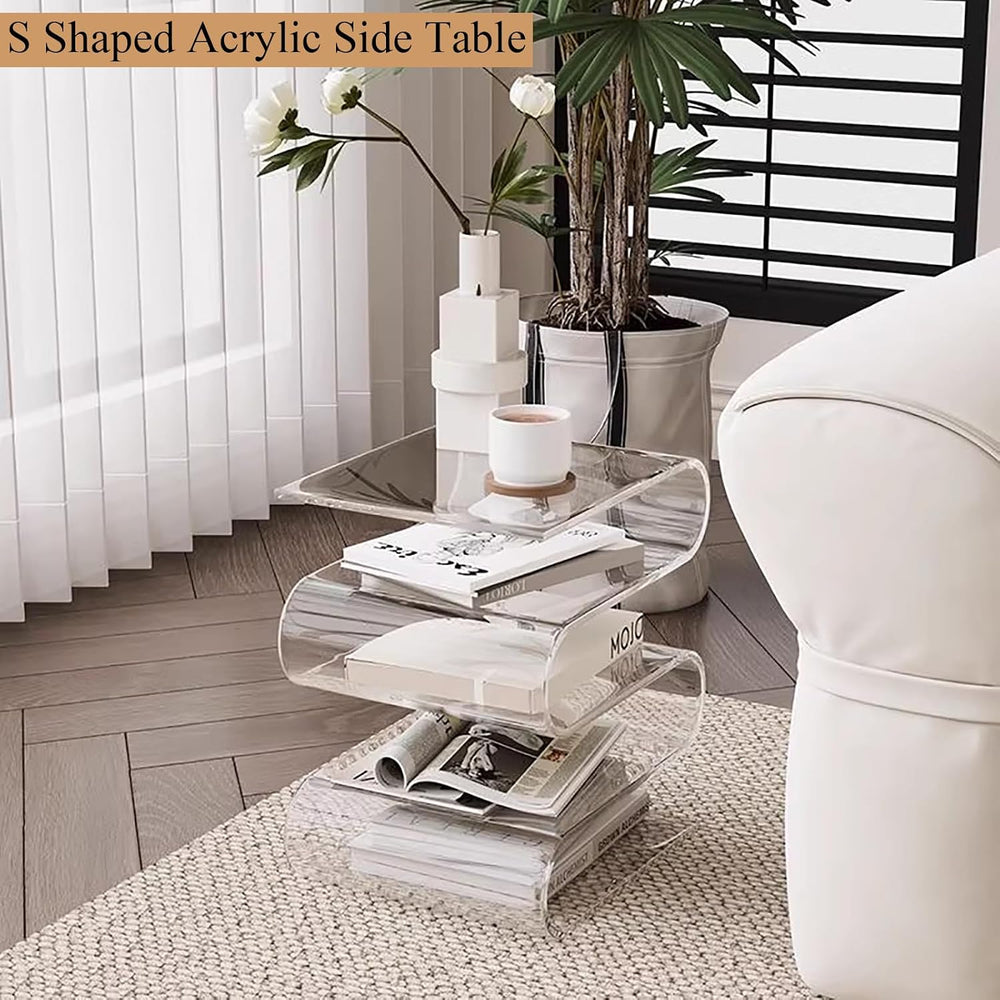 S-Shaped Acrylic Side Table with Magazine Bookshelf Modern Nightstand for Liv...