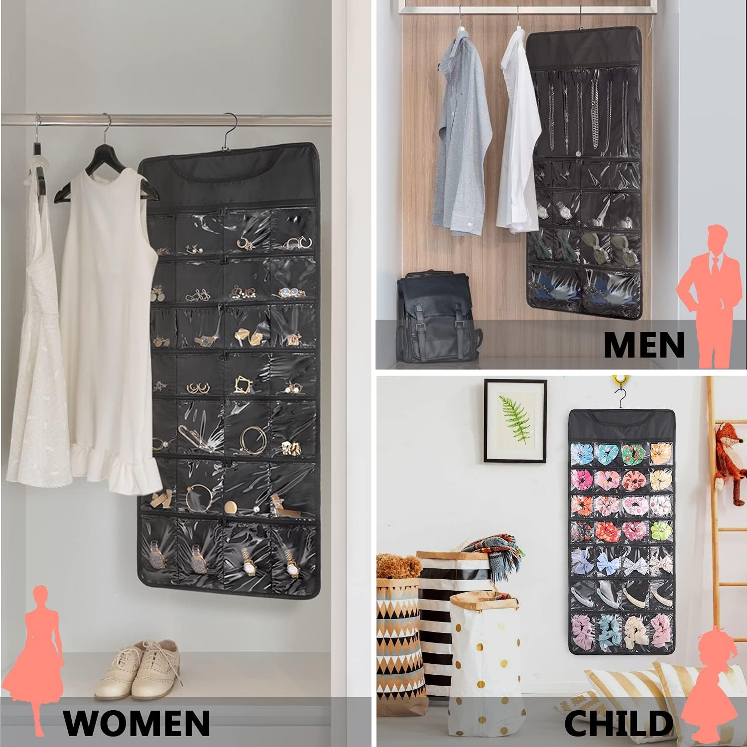 FOREGOER Hanging Jewelry Organizer Double Sided 43 Pockets Large Necklace Earring Accessory Holder Organizer(Black)