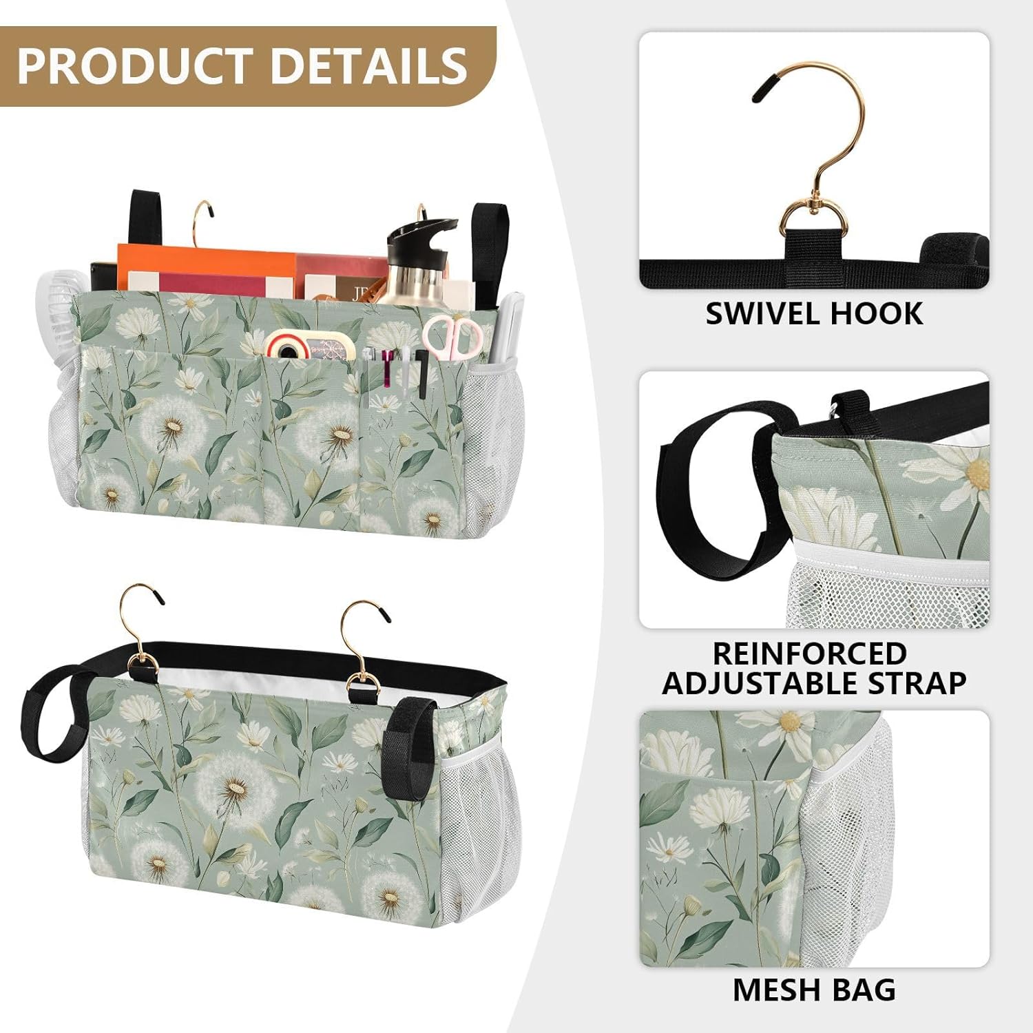Sage Green Dandelion Bedside Caddy for Dorm Bed Bedside Hanging Caddy Bag Iron Frame Storage Organizer Pocket for Bunk Home College Hospital Beds 2 Hooks