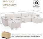 135.4" Cloud Couch Sectional, Modular Sectional Sofa with Deep Seat, Plush Corduroy U Shaped Boneless Couch, Convertible Sectional Couches for Living Room, 6Seat, Beige