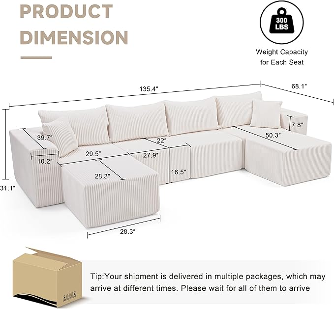 135.4" Cloud Couch Sectional, Modular Sectional Sofa with Deep Seat, Plush Corduroy U Shaped Boneless Couch, Convertible Sectional Couches for Living Room, 6Seat, Beige