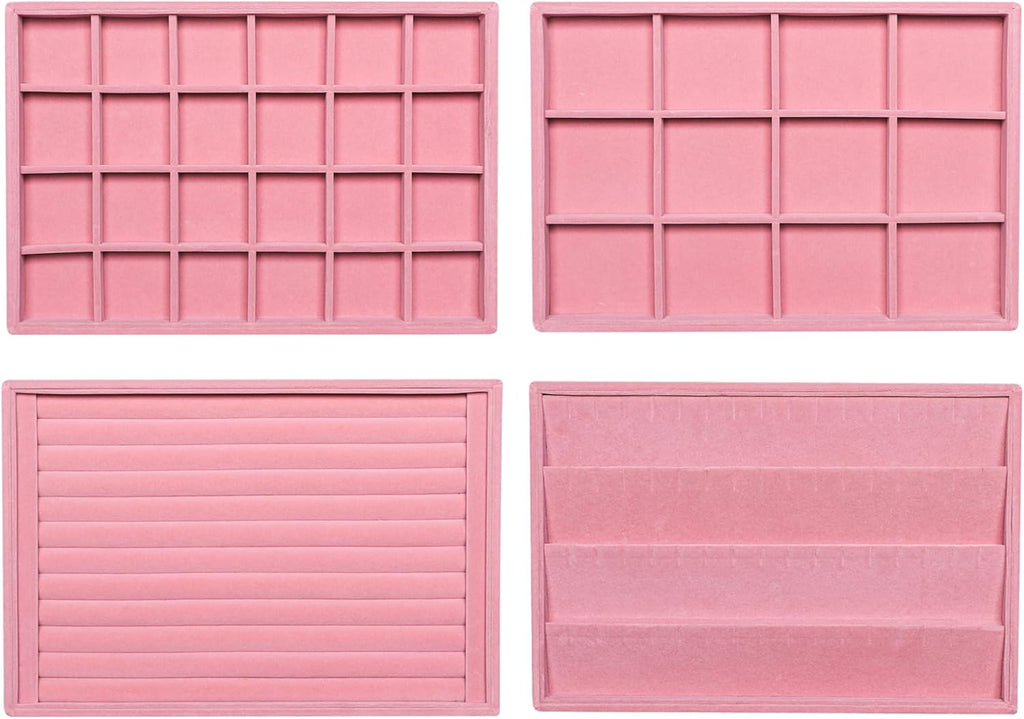 Frebeauty Stackable Velvet Jewelry Organizer Trays for Drawers Inserts Jewelry Storage Tray Display Case, Stud Earrings Bracelets Necklace Rings Accessories Trays for Women(Set of 4)(Pink)