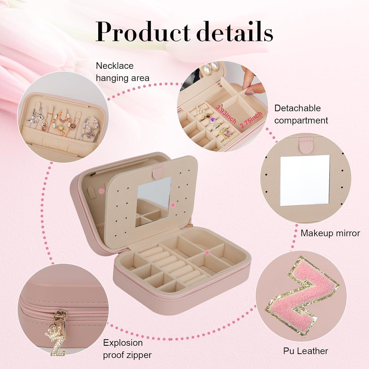 TopPerfekt Travel Jewelry Case Travel Jewelry Box With Mirror, Jewelry Organizer Bridal Shower Gifts To Her, Earring Travel Case, Trendy Gift for Women and Girls (Z, Pink)