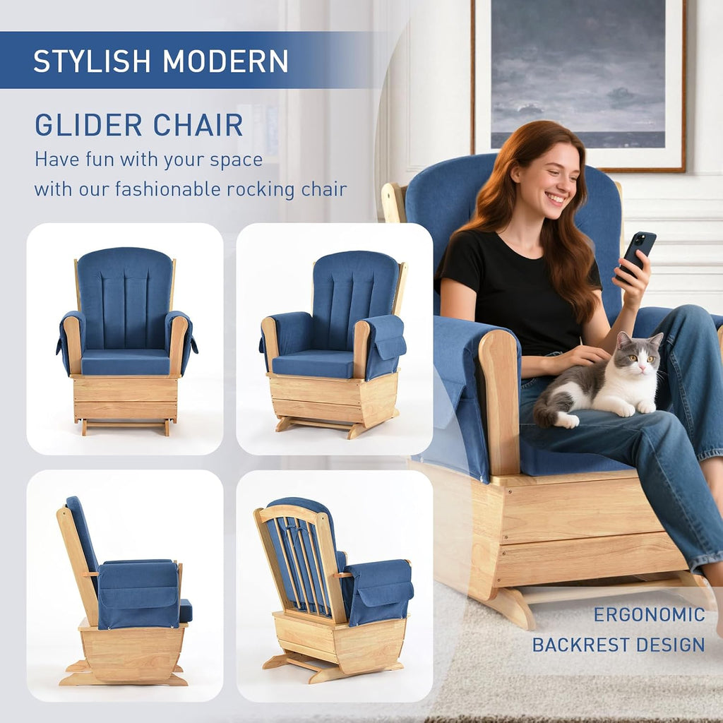 Rubberwood Glider Rocker & Ottoman Silent Nursery Chair for Feeding, Blue | Dual full mechanical bearings Solid rubberwood Oak stain Waterproof dual-fabric cushion High-density sponge Easy assembly