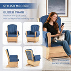 Rubberwood Glider Rocker & Ottoman Silent Nursery Chair for Feeding, Blue | Dual full mechanical bearings Solid rubberwood Oak stain Waterproof dual-fabric cushion High-density sponge Easy assembly