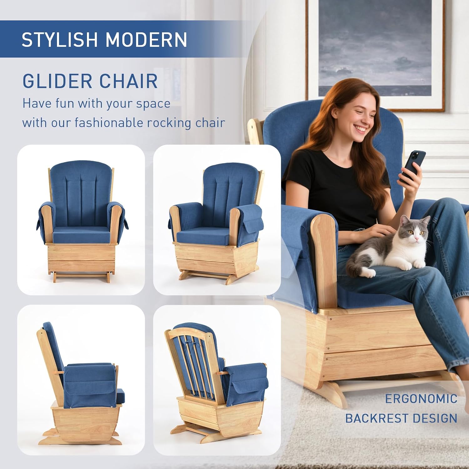 Rubberwood Glider Rocker & Ottoman Silent Nursery Chair for Feeding, Blue | Dual full mechanical bearings Solid rubberwood Oak stain Waterproof dual-fabric cushion High-density sponge Easy assembly