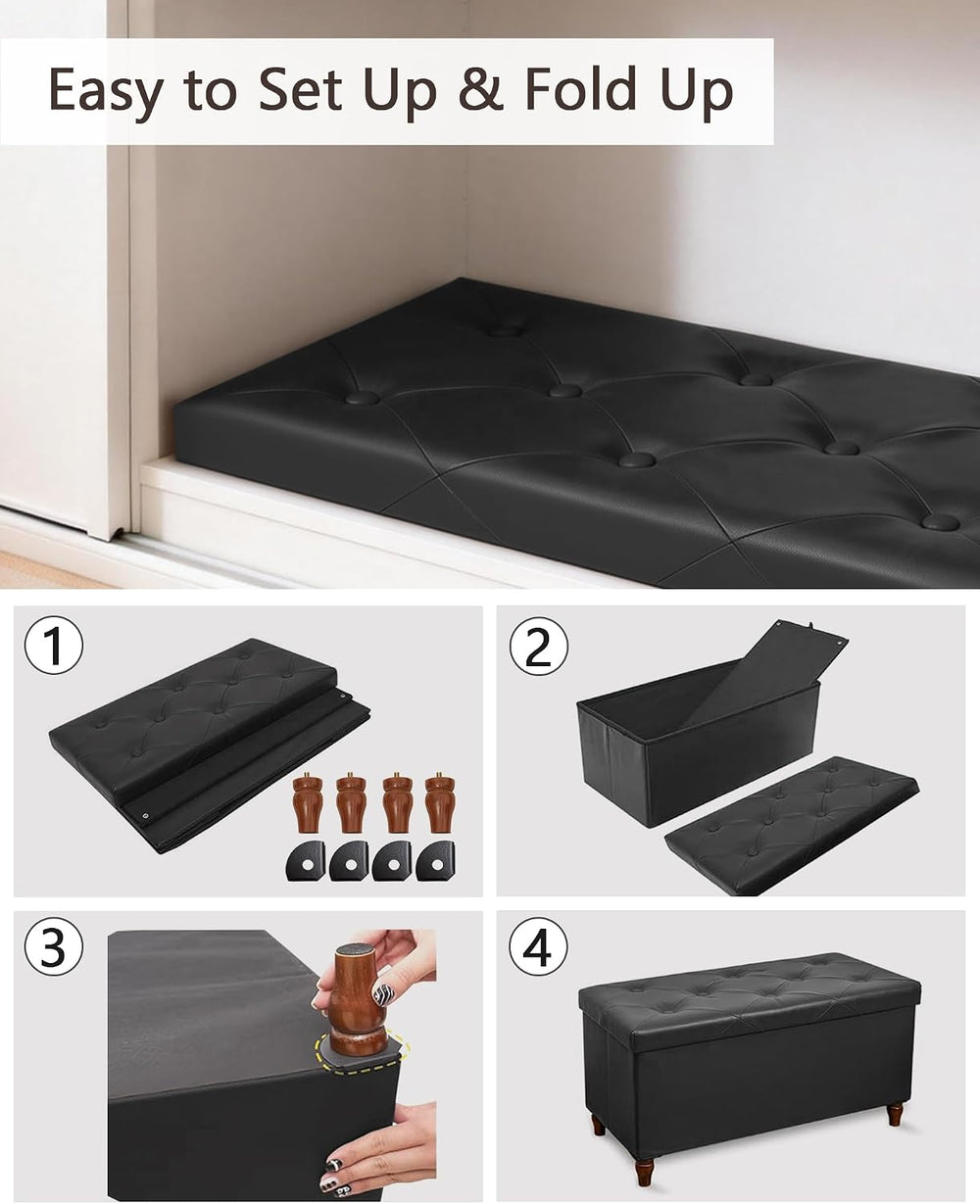 GLAXYFUR 30 Inches Ottoman with Storage, Folding Bench with Legs, Black | Fau...