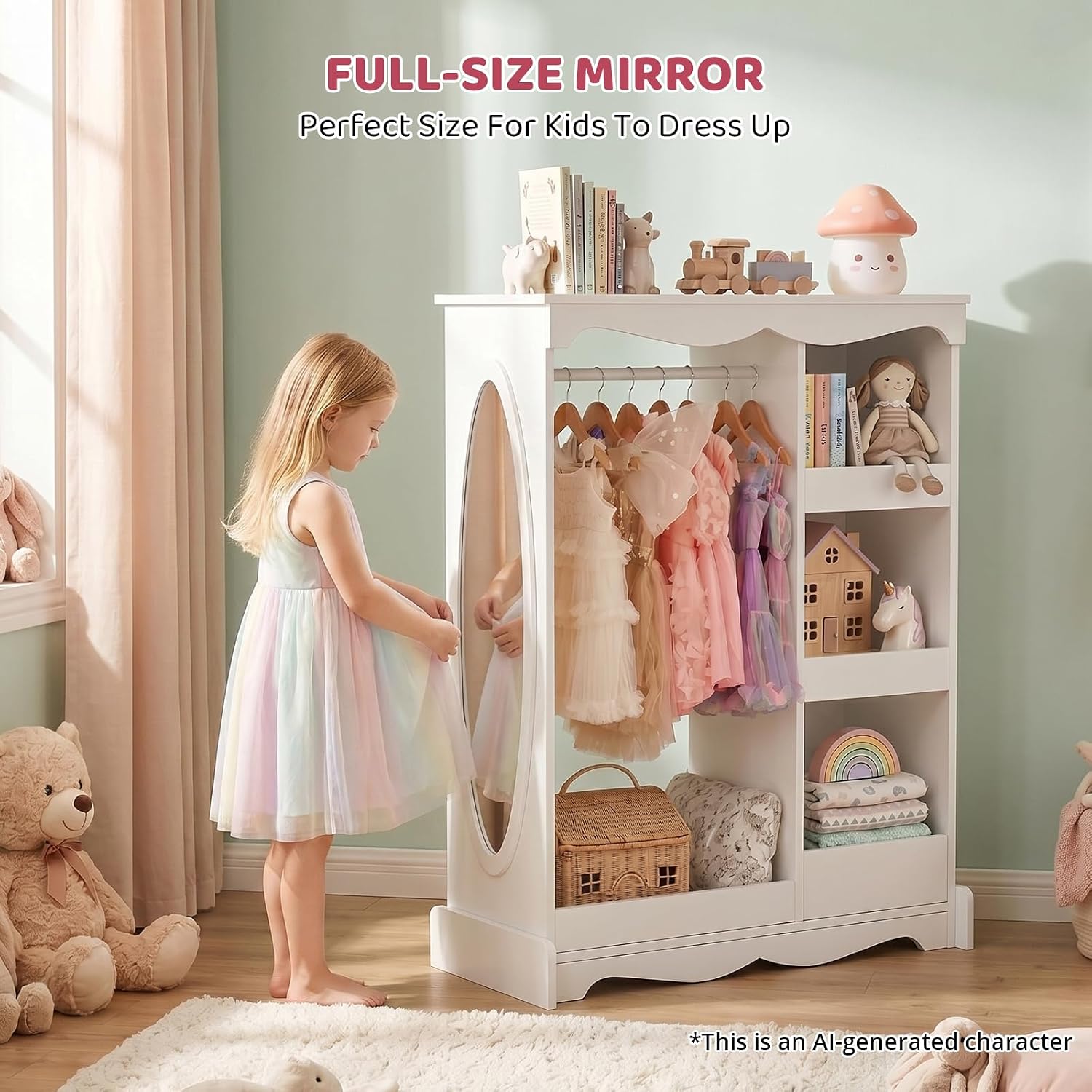 VOWNER Kids Wooden Dress Up Storage with Full-Length Mirror and Storage Shelves (White)
