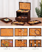 Hand-drawn rose Jewelry Box Wood for Wowen,6-Layer Wooden Jewelry Organizer Boxes with 4 Drawers dresser, Vintage Multi-functional Jewelry Storage Case with lock