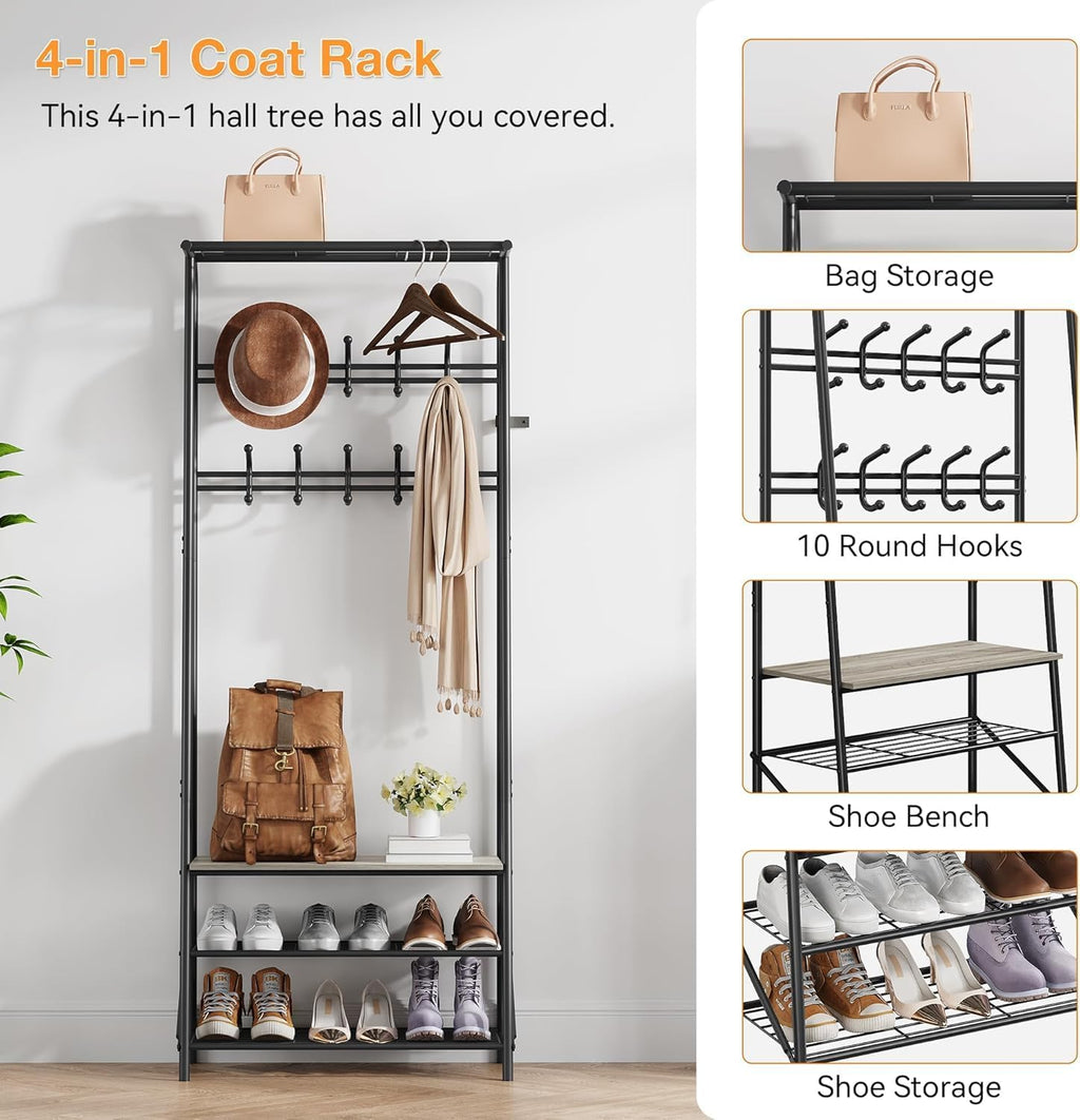 IDEALHOUSE Coat Rack Shoe Bench with 10 Hooks, Hall Trees Entryway Bench with Storage, Multifunctional Hallway Organizer, Wood Look Accent Furniture (Grey, 10 hooks-25.2 in)