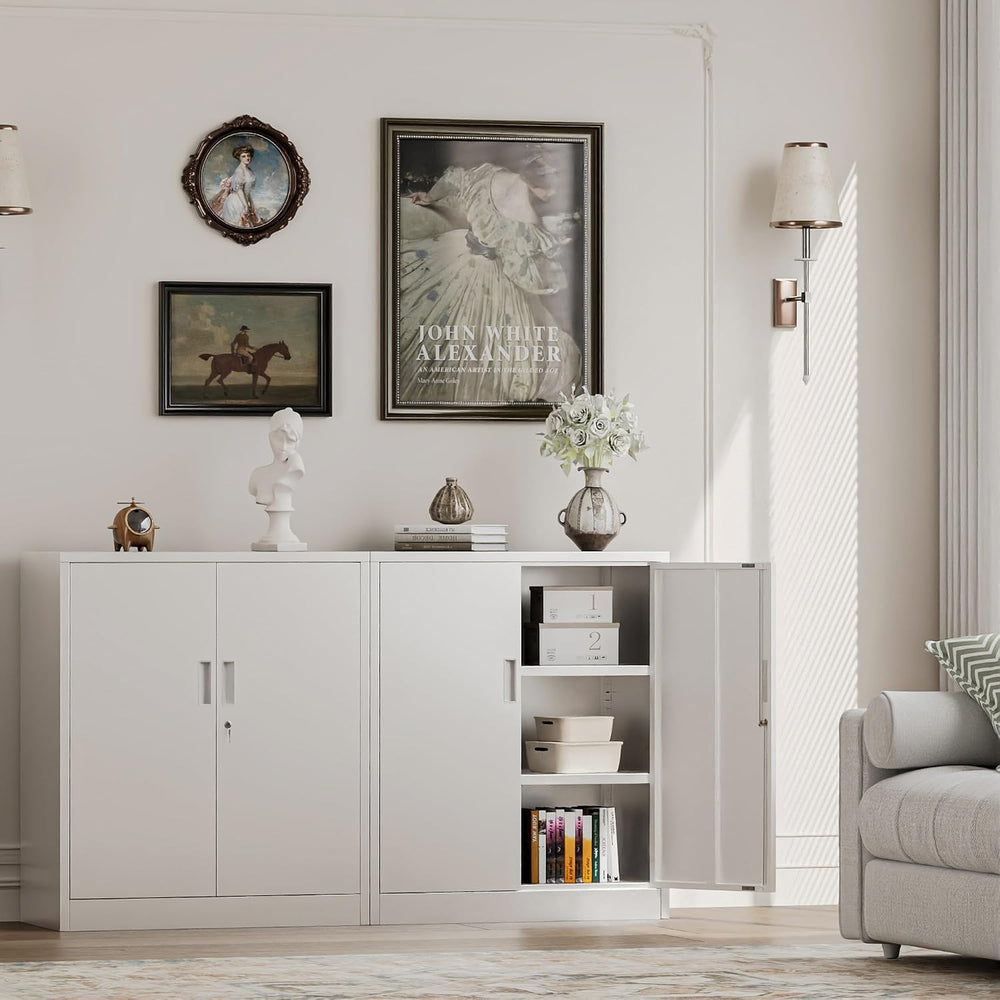 Metal Storage Cabinets，36" H White Metal Cabinet with Doors and 2 Adjust...