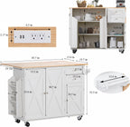 HOMREST 50.4" Kitchen Island with Drop Leaf & Power Outlet, Farmhouse Rolling Island Cart with 3 Spices Shelves on Wheels, Mobil Kitchen Island Table with Rubberwood Countertop Towel Rack, White