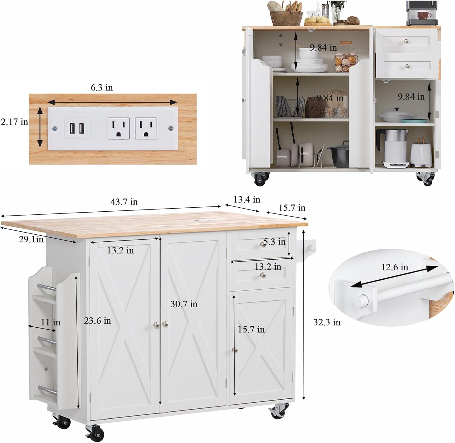 HOMREST 50.4" Kitchen Island with Drop Leaf & Power Outlet, Farmhouse Rolling Island Cart with 3 Spices Shelves on Wheels, Mobil Kitchen Island Table with Rubberwood Countertop Towel Rack, White
