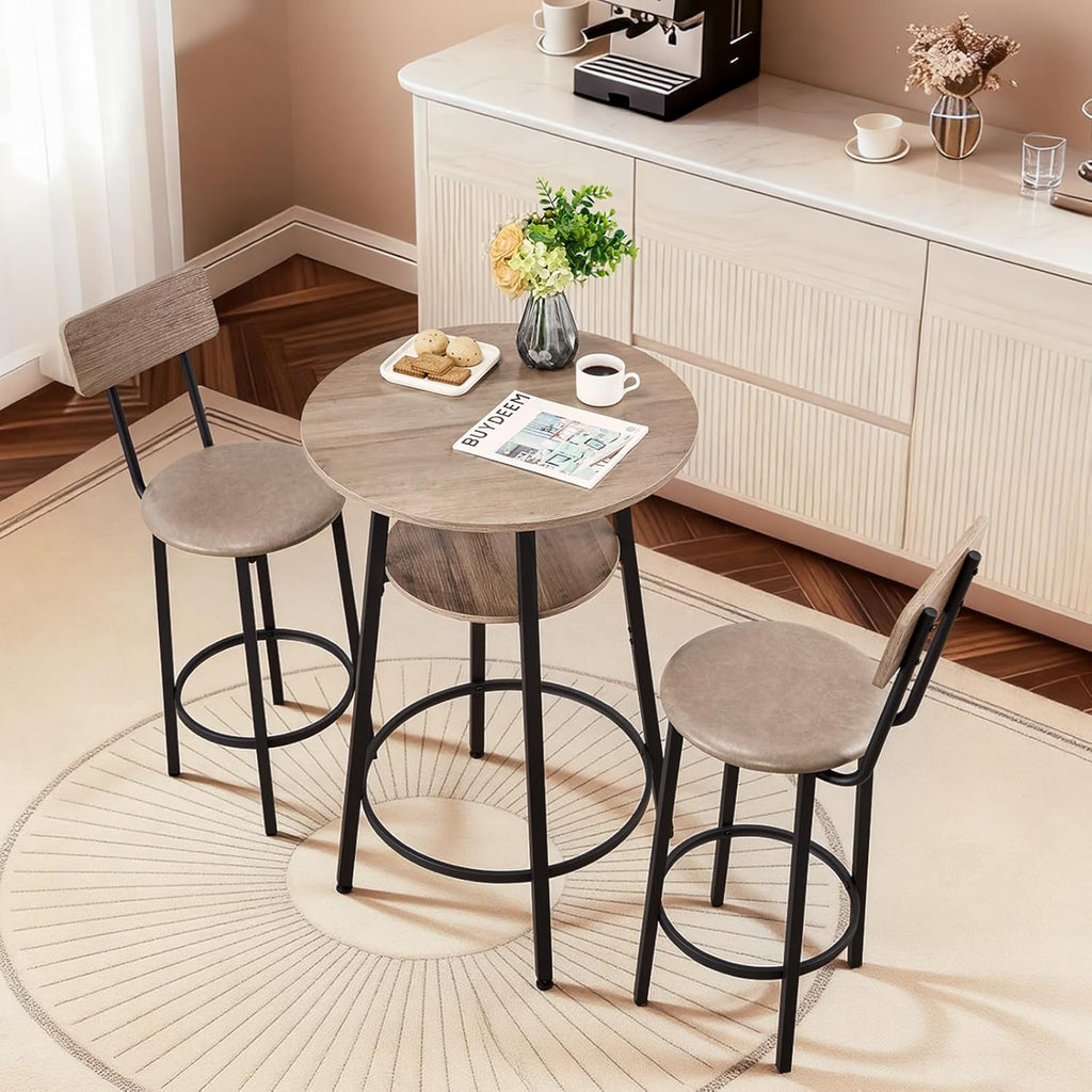VEVOR Bar Table and Chairs Set, 3PCS 23.5″ Bars Tables Set with Rounded Corner Design, Round Pub Table with Two Stools for Office Desk, Breakfast Corner, Mini Bars, Light Gray, Black