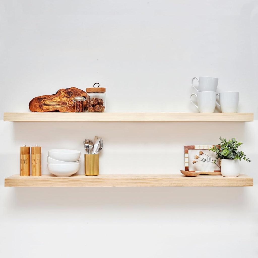 Homeforia 48 inch Natural Floating Shelf, High End Solid Real Wood 48inch Small Floating Shelves for Wall Mounted, Natural Wooden Floating Shelves, Heavy Duty Bracket, 48 X 6.5 X 1.75 in, Set of 3