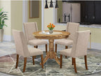 East West Furniture ANFL5-ANA-04 5 Piece Kitchen Table Set for 4 Includes a Round Dining Room Table with Pedestal and 4 Light Tan Linen Fabric Parson Dining Chairs, 36x36 Inch, Natural