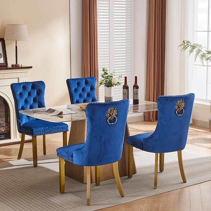 Velvet Dining Chairs Set of 4, Upholstered Dining Room Chairs with Lion Head Pulls Ring and Golden Solid Wood Legs, Modern Button Tufted Kitchen Chairs for Dining Room, Kitchen(Blue)
