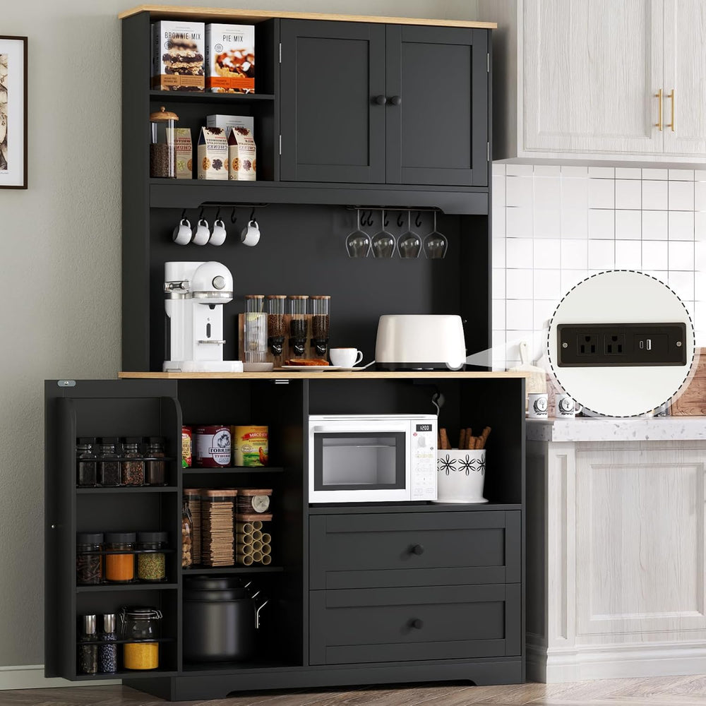 68"Tall Kitchen Pantry Storage Cabinet with Charging Station, Door &...