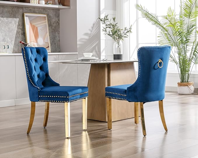 KCC Velvet Dining Chairs Set of 4, Upholstered High-end Tufted Dining Chair with Nailhead Back Ring Pull Trim Stainless Steel Legs, Contemporary Nikki Collection Modern Style for Kitchen, Blue