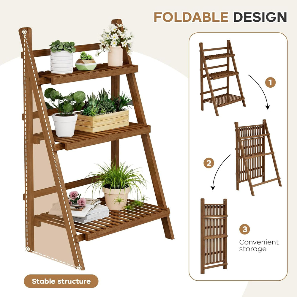 Bamboo Ladder Shelf 3-Tier Foldable Plant Stand, 23.6"W x 15"D x 39...
