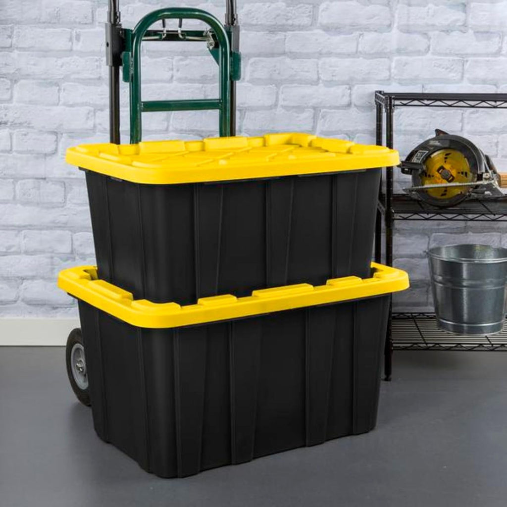 Sterilite Industrial Storage Tote with Lids for Garage, 27 Gallon, 4-Pack | Heavy-Duty and Stackable Utility Box Containers for Home, Office, and Basement Organization, Black/Yellow