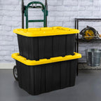 Sterilite Industrial Storage Tote with Lids for Garage, 27 Gallon, 4-Pack | Heavy-Duty and Stackable Utility Box Containers for Home, Office, and Basement Organization, Black/Yellow