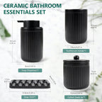 BosilunLife Ceramic Bathroom Accessories Set - Bathroom Counter Soap Set Black Bathroom Decor Sets Accessories Bathroom Lotion Soap Dispenser and Toothbrush Holder Set, Soap Dish, Apothecary Jars