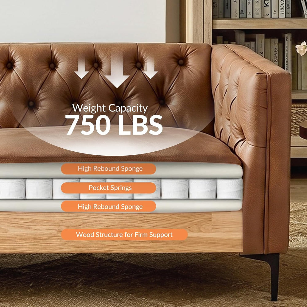 HULALA HOME 84" Faux Leather Sofa, Mid Century Modern 3 Seater Couch, Ca...