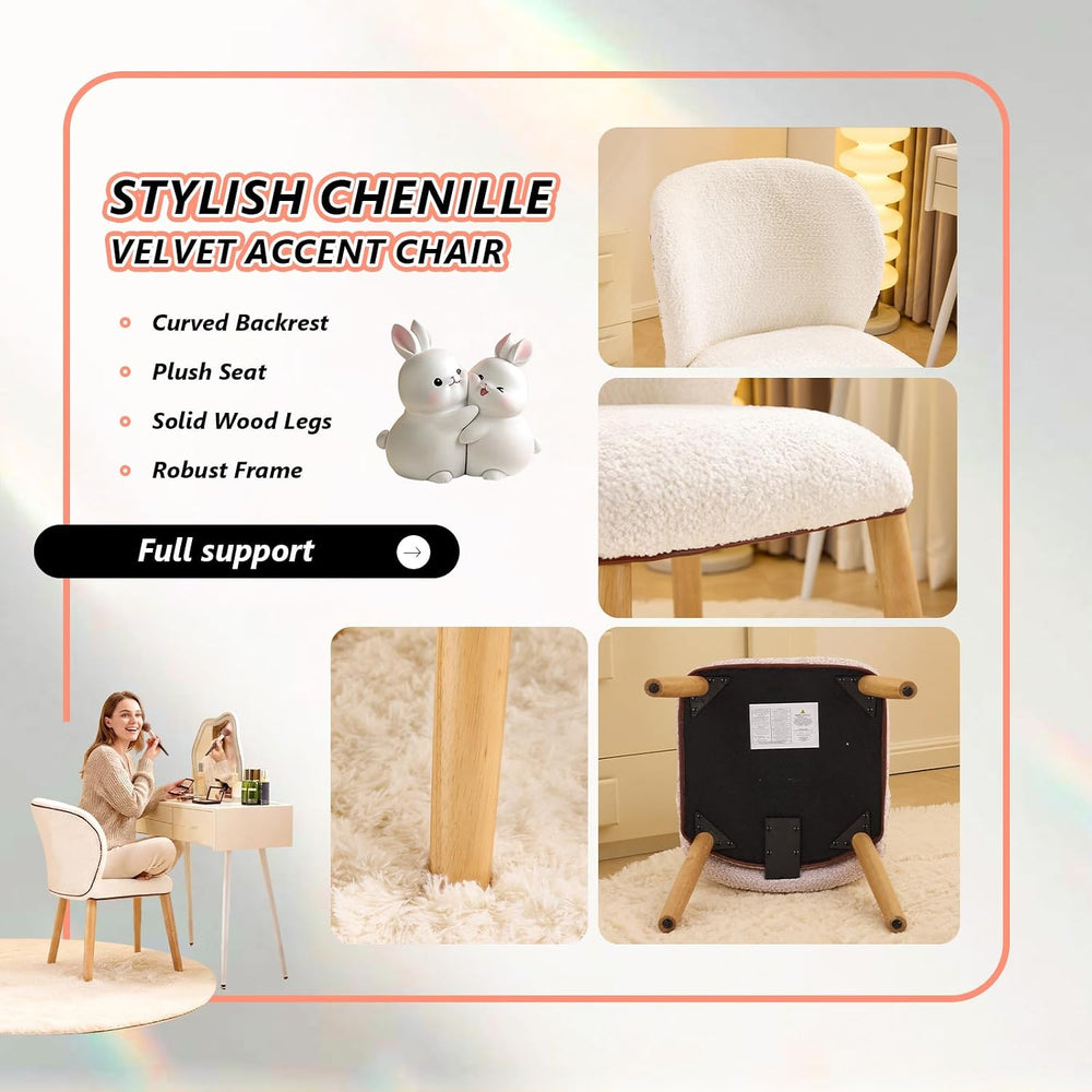 VINGLI Chenille Curved-Back Armless No Wheels Vanity Chair for Girls, Cute &a...