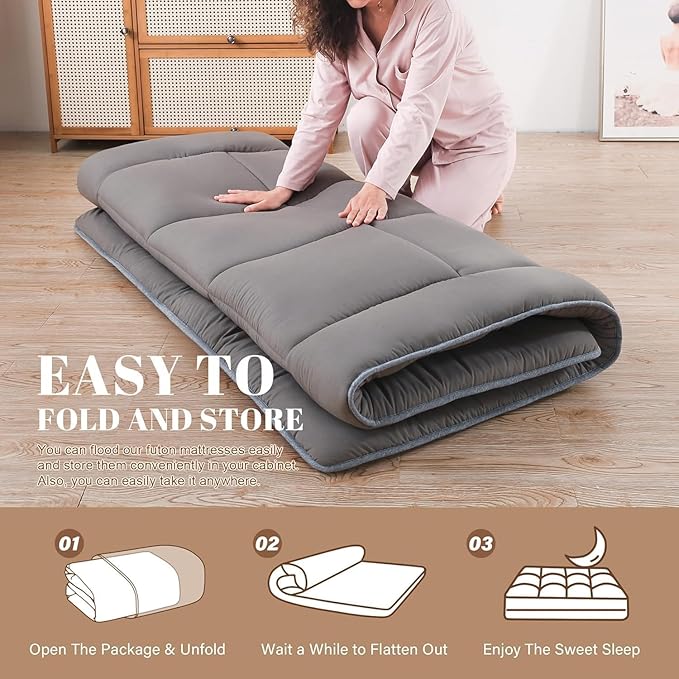 WhatsBedding Japanese Floor Mattress Futon Mattress 3" Grey Tatami Mat Shredded Memory Foam Filled Sleeping Pad, Foldable & Portable Roll Up Lounger Camping Bed for Kids and Adult,Queen Size 60"x 80"