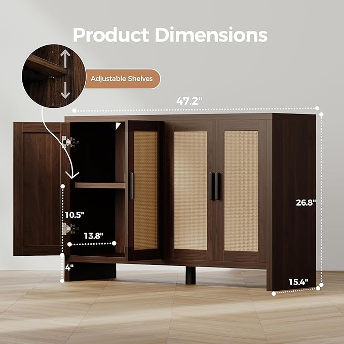 Rattan Buffet Cabinet with Storage, Sideboard Cabinet with Doors and Adjustab...