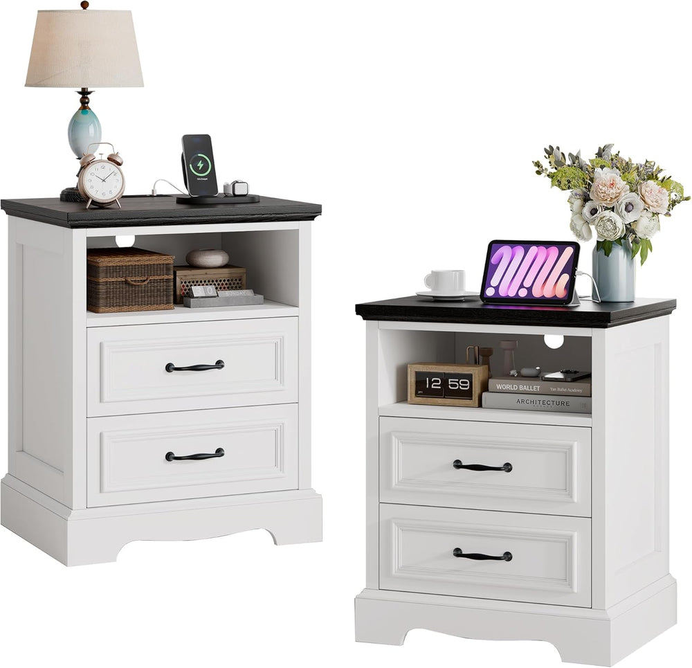 18" Farmhouse Nightstand Set of 2 with Charging Station, White End Table...